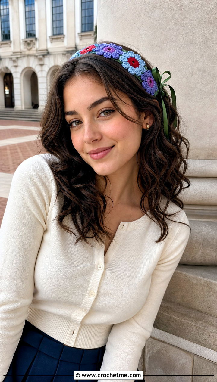 Granny Square Flower Ribbon Crochet Headband With Cardigan - 15 crochet headband with flower and ribbon outfit ideas