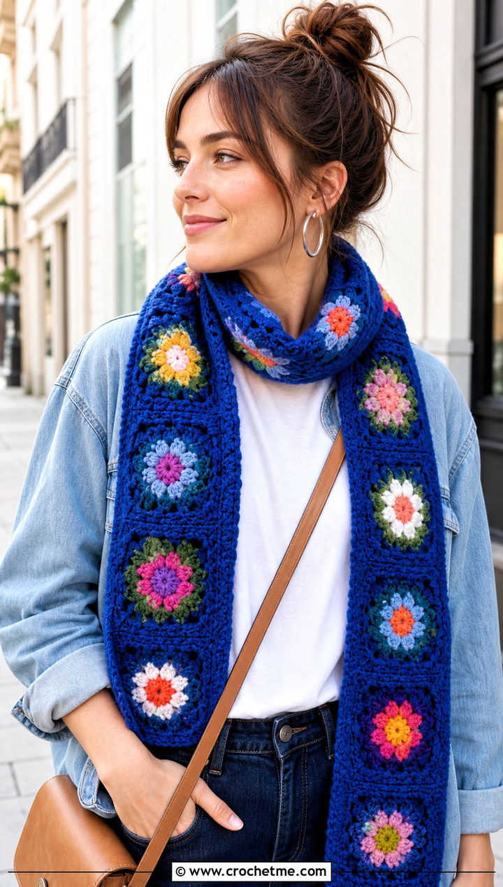 Granny Square Flower Scarf With Denim Jacket - 30 crochet scarf with flowers outfit ideas