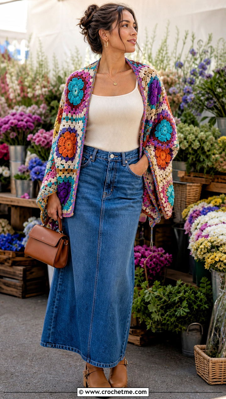 Granny Square Flower Shawl With Denim Skirt - 15 Crochet Flower Shawl outfit ideas