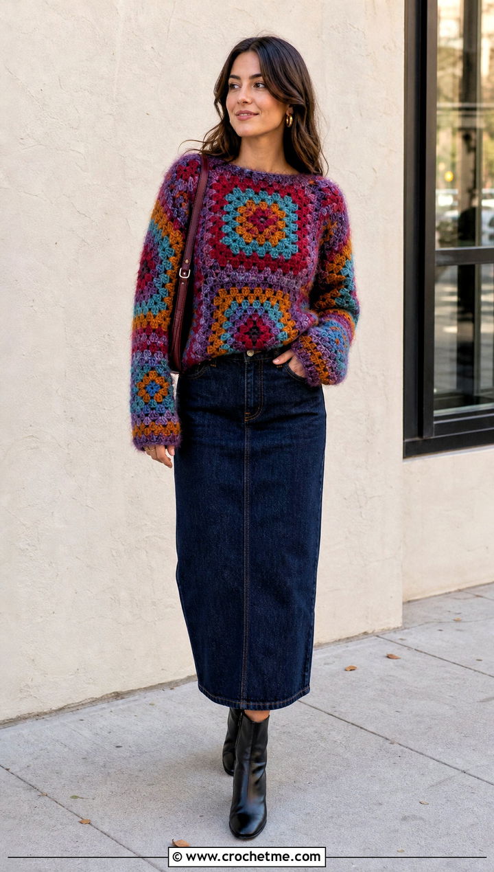 Granny Square Fluffy Crochet Sweater With Denim Skirt - 35 fluffy crochet sweater outfit ideas