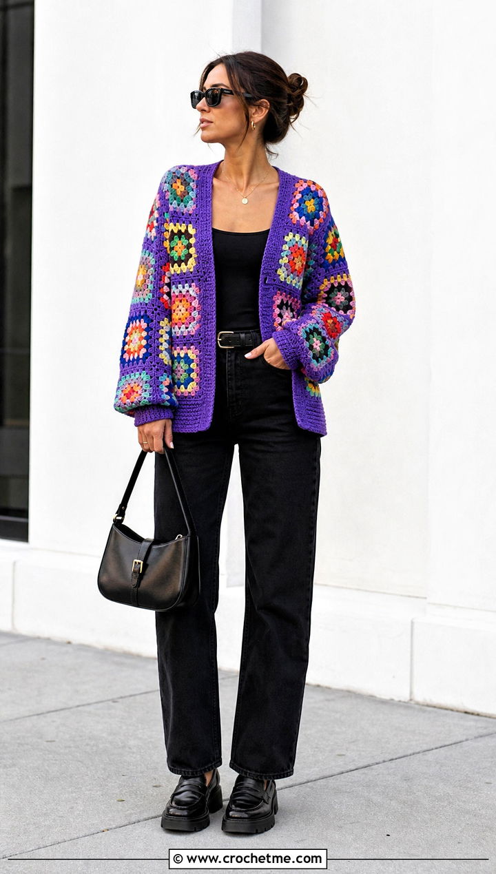 Granny Square Folklore Crochet Cardigan With Black Denim - 30 folklore crochet cardigan outfit ideas