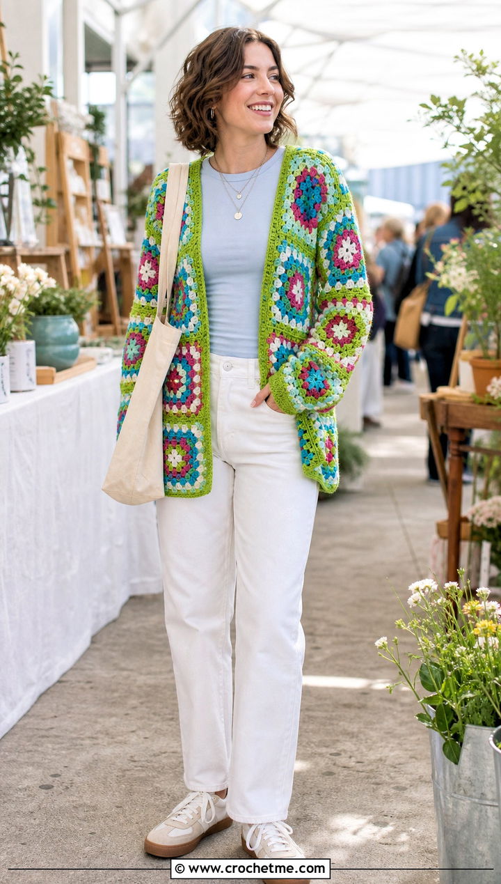 Granny Square Folklore Crochet Cardigan With White Jeans - 25 Taylor Swift Folklore Crochet Cardigan outfit ideas