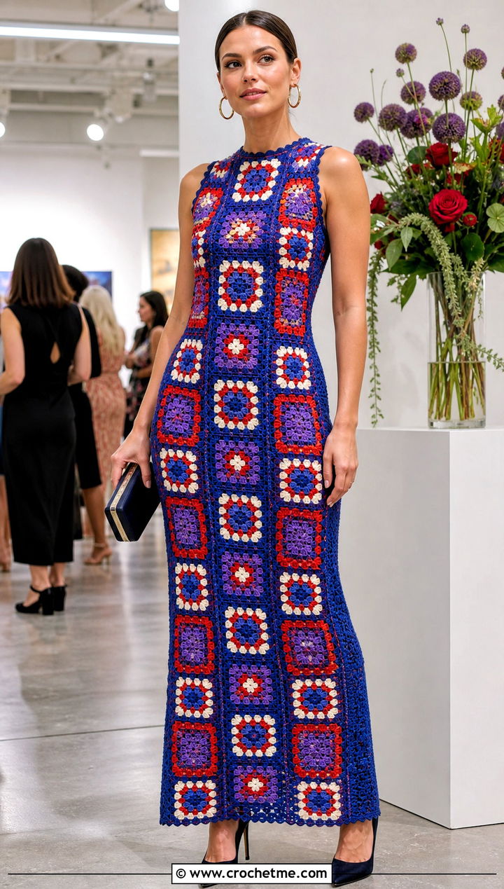 Granny Square Formal Dress With Sleek Accessories - 35 Formal Crochet Dress outfit ideas