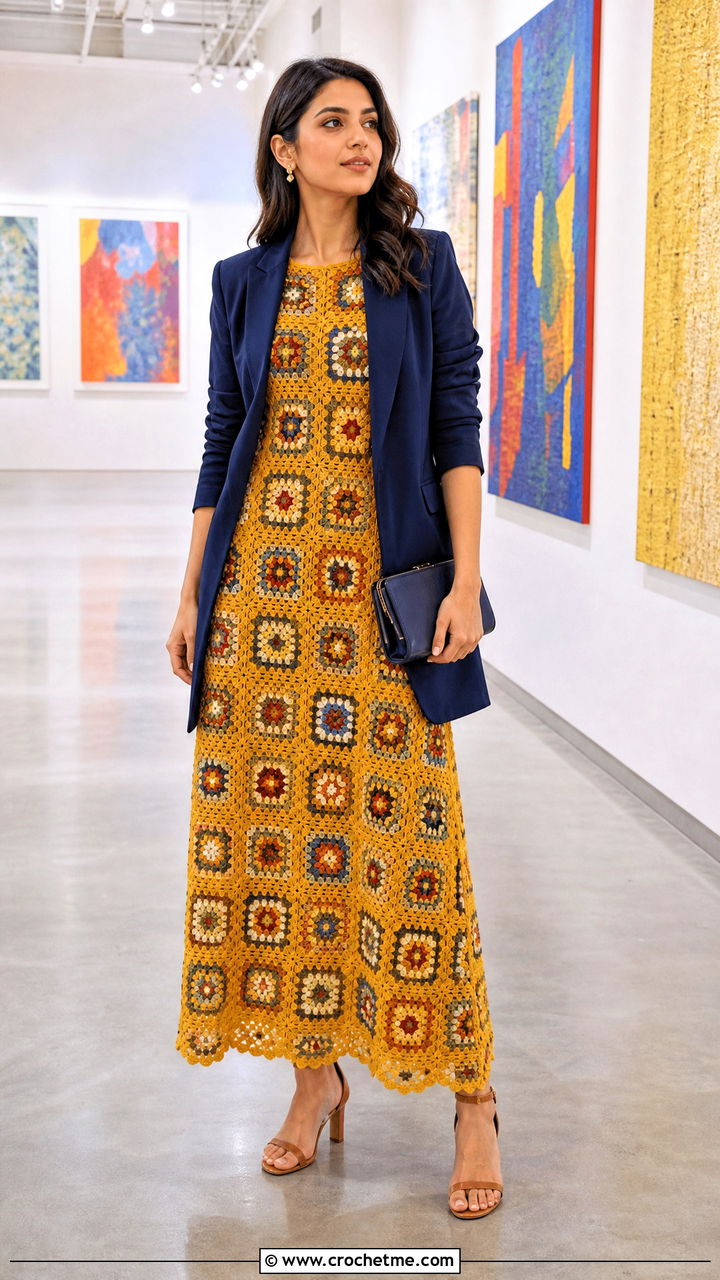 Granny Square Formal Maxi Dress With Longline Blazer - 35 crochet formal dress outfit ideas