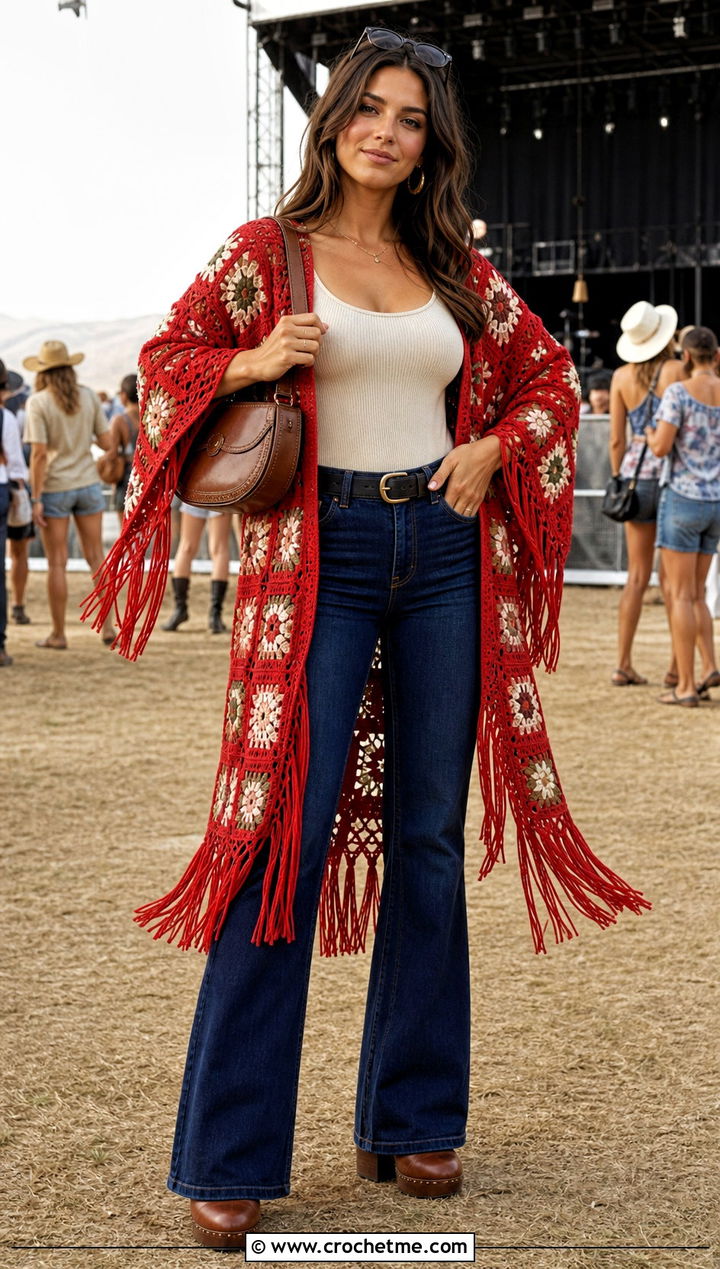 Granny Square Fringe Cover Up With Flared Jeans - 35 granny square cover up outfit ideas