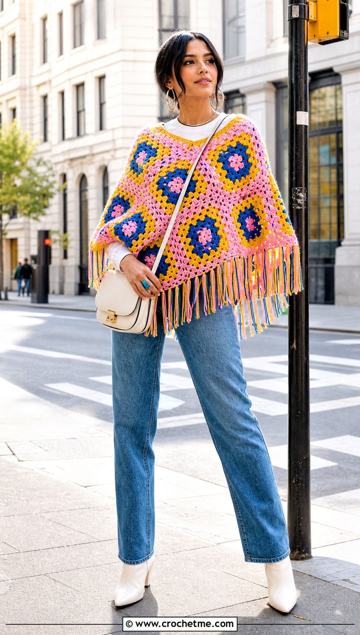 Granny Square Fringe Crochet Poncho Sweater With Straight Jeans - 35 crochet poncho sweater outfit ideas