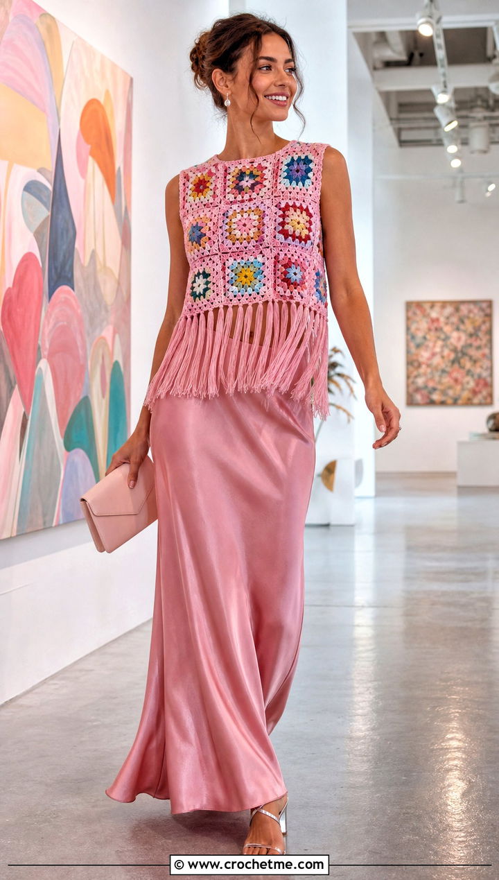 Granny Square Fringe Crochet Top With Satin Maxi Skirt - 15 crochet tops with fringes outfit ideas