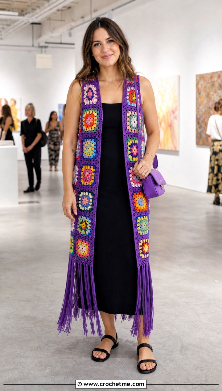 Granny Square Fringe Maxi Vest With Black Column Dress - 15 long crochet vest with fringe outfit ideas