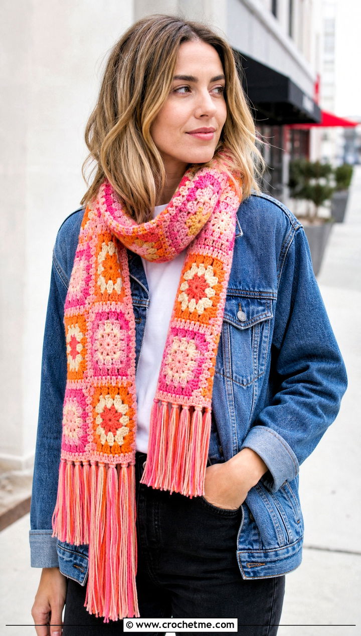 Granny Square Fringe Scarf With Denim Jacket - 25 Crochet Scarf Fringe Ideas