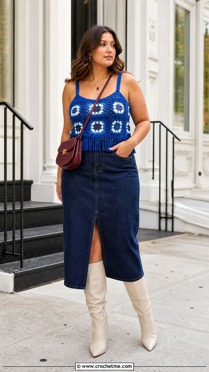 Granny Square Fringe Tank With Denim Midi Skirt - 35 Crochet Fringe Top outfit ideas
