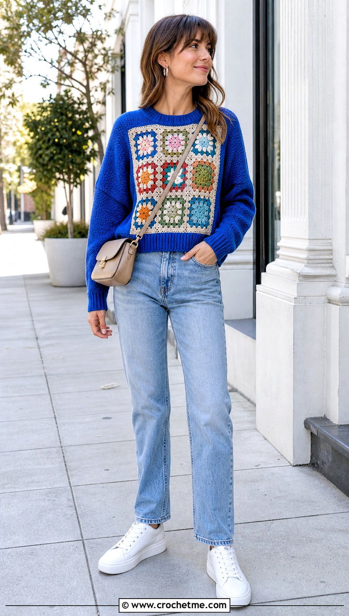 Granny Square Front Panel Sweater With Straight Jeans - 30 crochet panel sweater outfit ideas