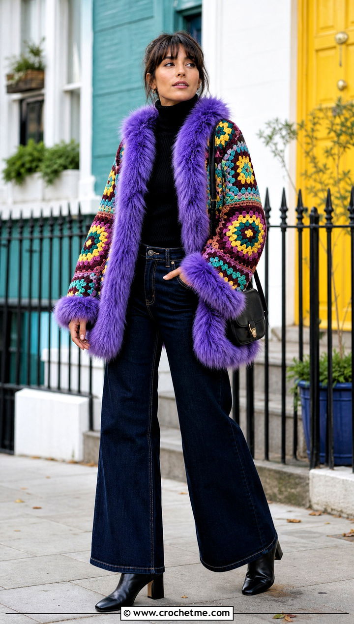 Granny Square Fur Trimmed Crochet Jacket With Wide Leg Jeans - 30 crochet fur jacket outfit ideas