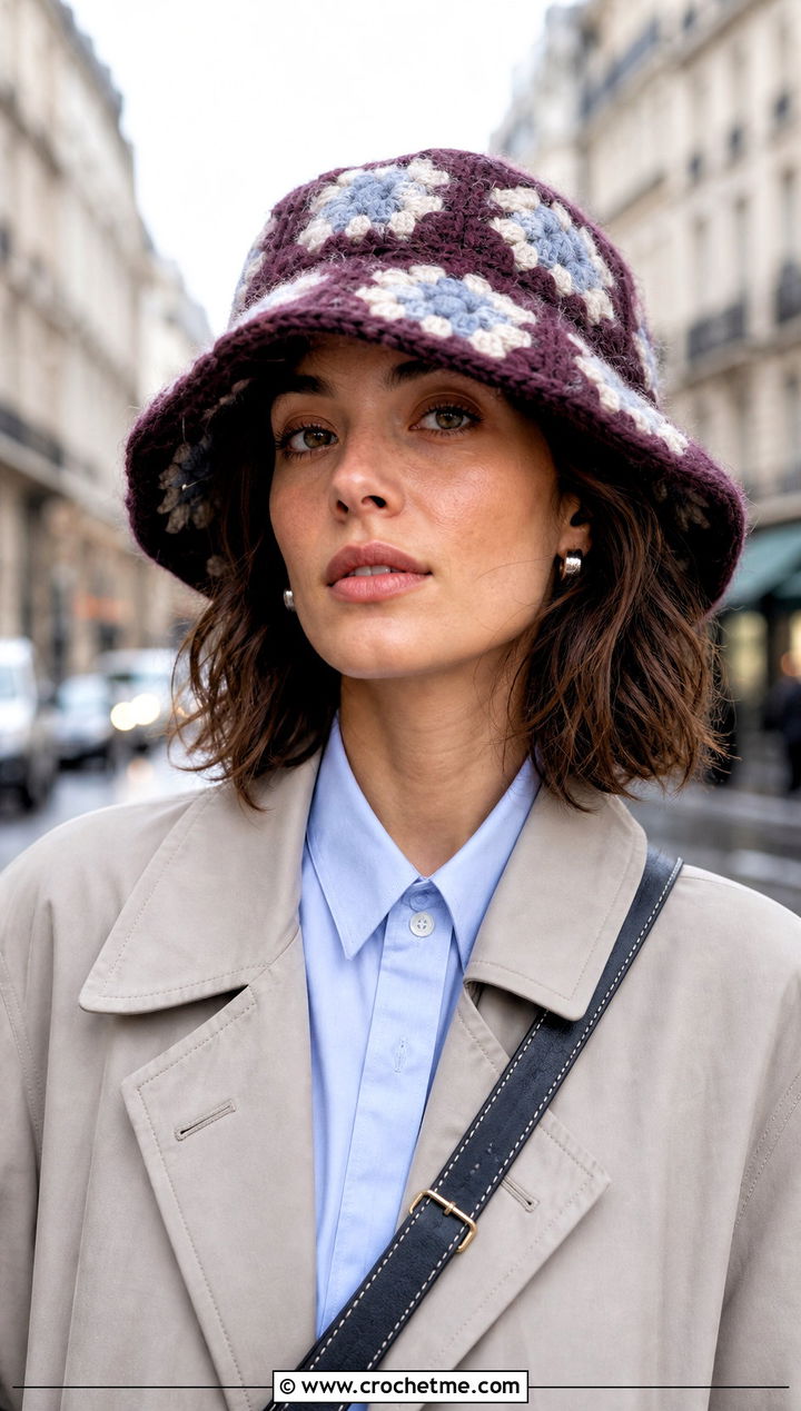 Granny Square Fuzzy Crochet Bucket Hat With Trench Coat - 25 fuzzy crochet bucket hat outfit ideas