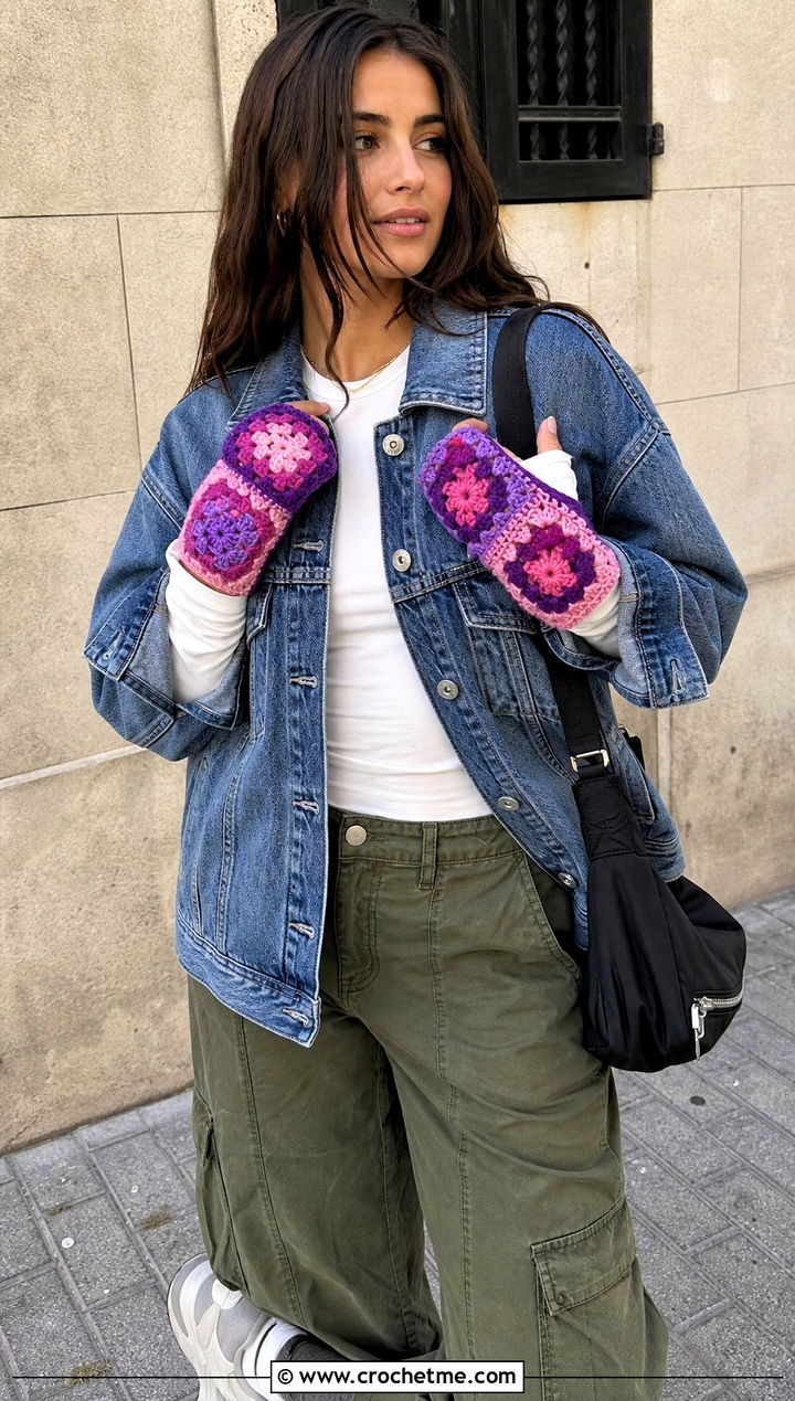 Granny Square Glittens With Denim Jacket and Cargo Pants - 20 Convertible Crochet Gloves outfit ideas