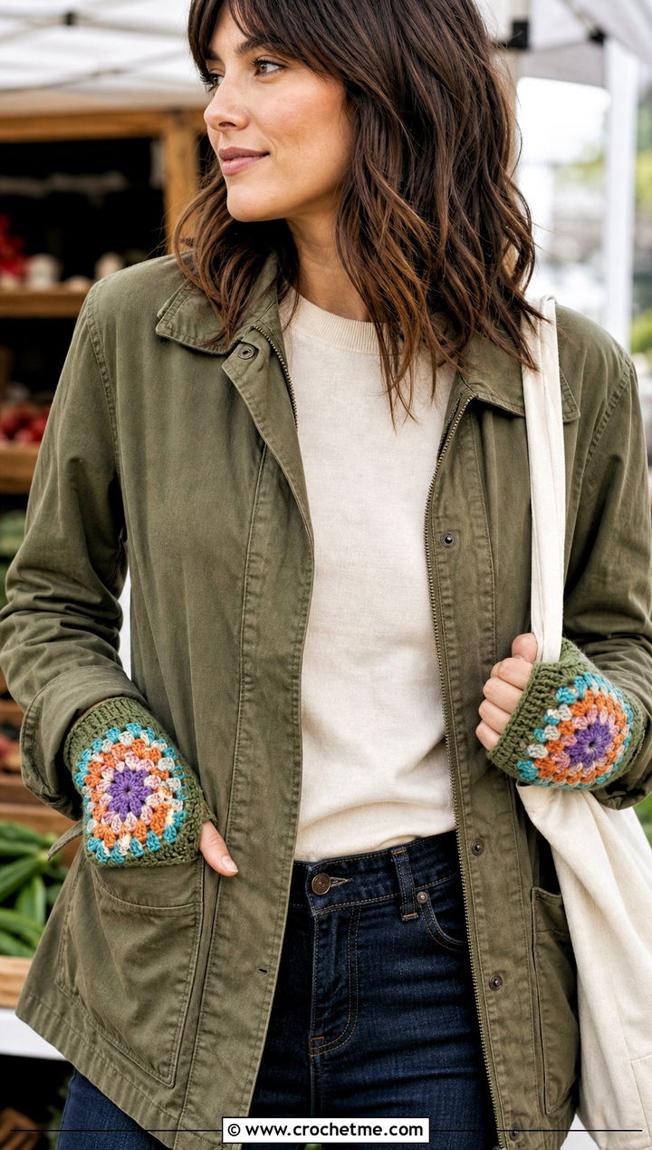 Granny Square Gloves With Utility Jacket - 25 crocheted gloves outfit ideas