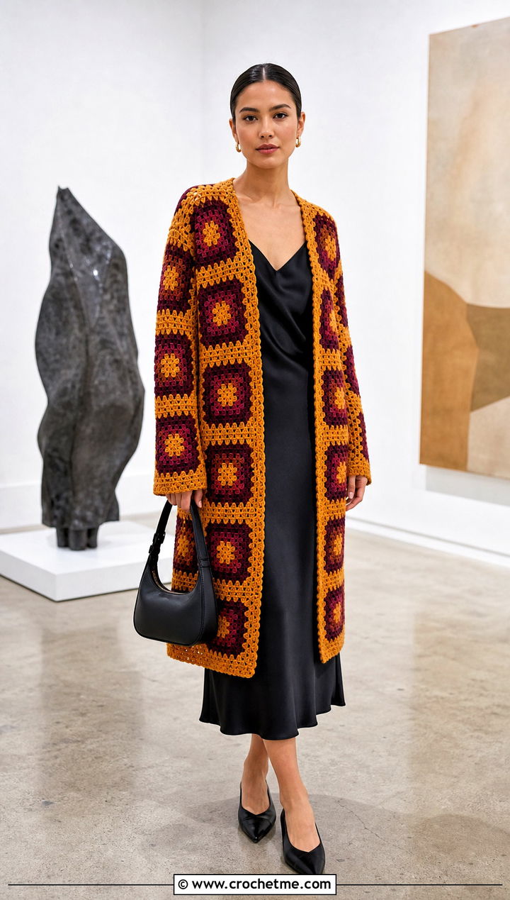 Granny Square Gold Crochet Cardigan With Black Slip Dress - 15 gold crochet cardigan outfit ideas