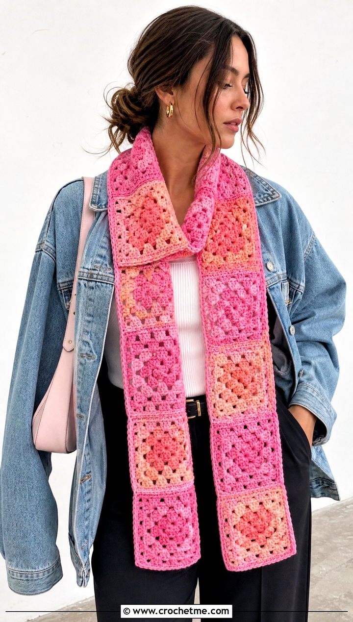 Granny Square Gradient Crochet Scarf With Denim Jacket - 25 gradient crochet scarf outfit ideas