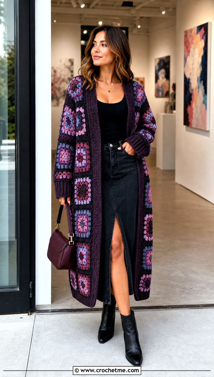 Granny Square Grandpa Crochet Cardigan With Denim Midi Skirt - 20 grandpa crochet cardigan outfit ideas