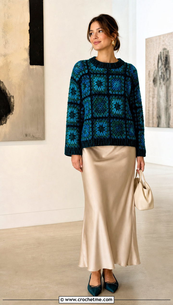 Granny Square Grandpa Crochet Sweater With Satin Slip Skirt - 15 Grandpa Crochet Sweater outfit ideas