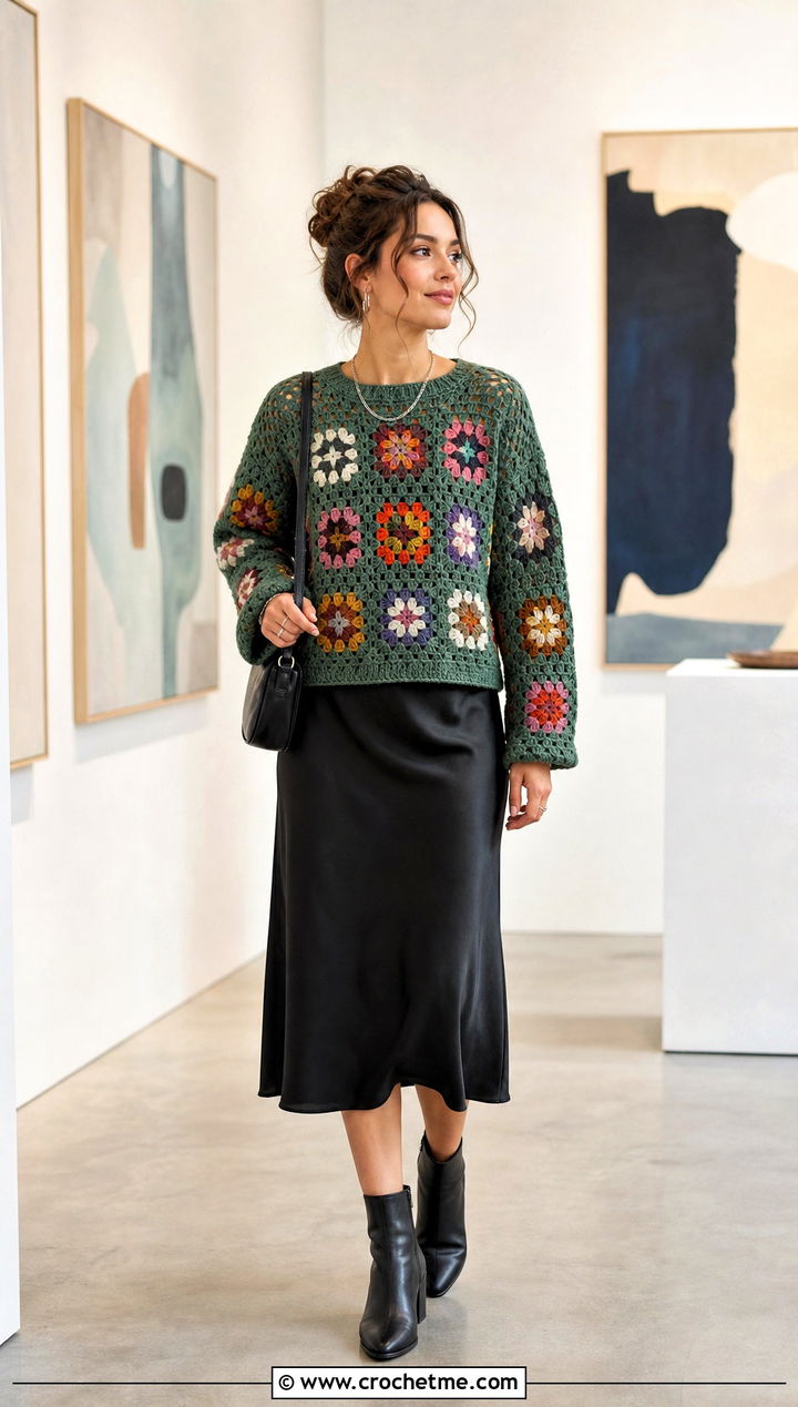 Granny Square Graphic Crochet Sweater With Slip Dress - 30 crochet graphic sweater outfit ideas