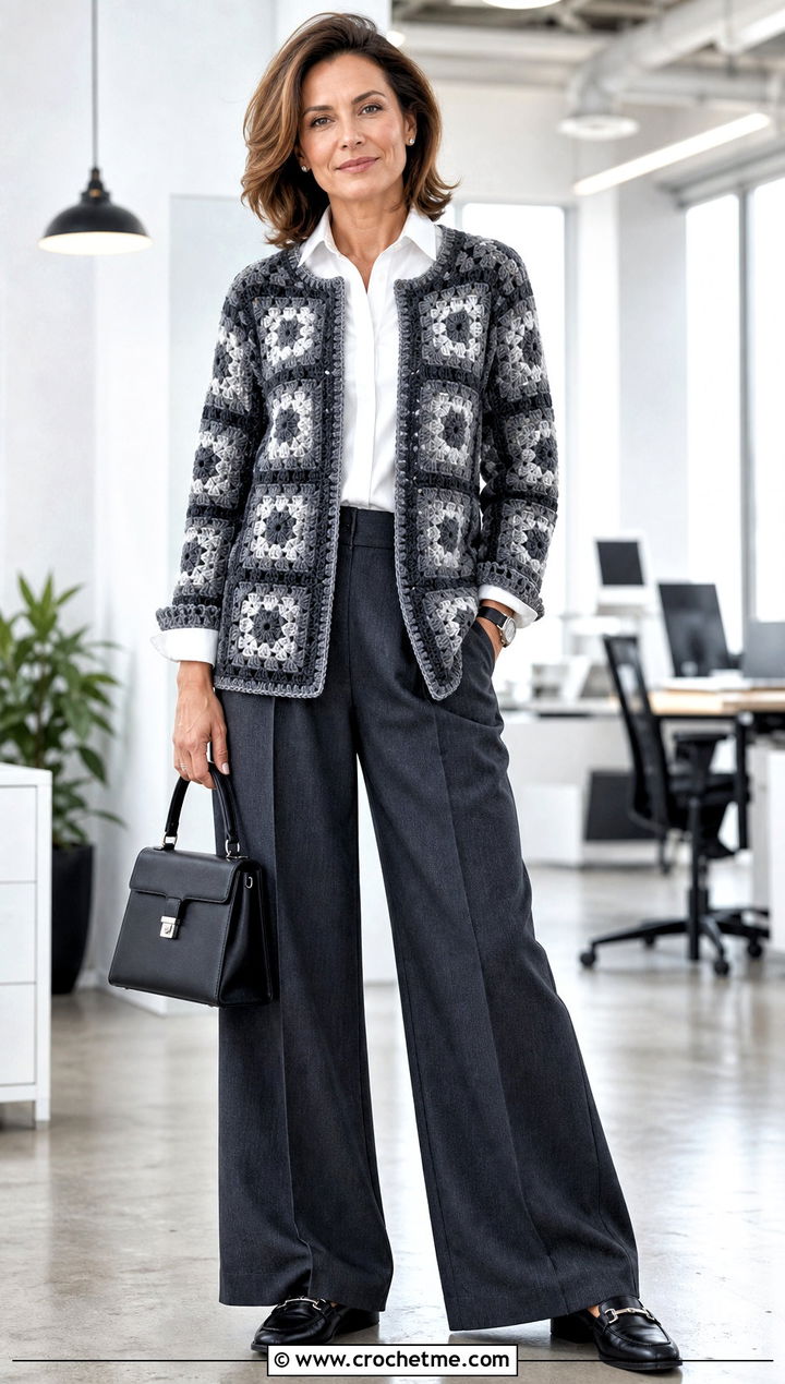 Granny Square Gray Crochet Cardigan With Tailored Trousers - 15 Gray Crochet Cardigan outfit ideas
