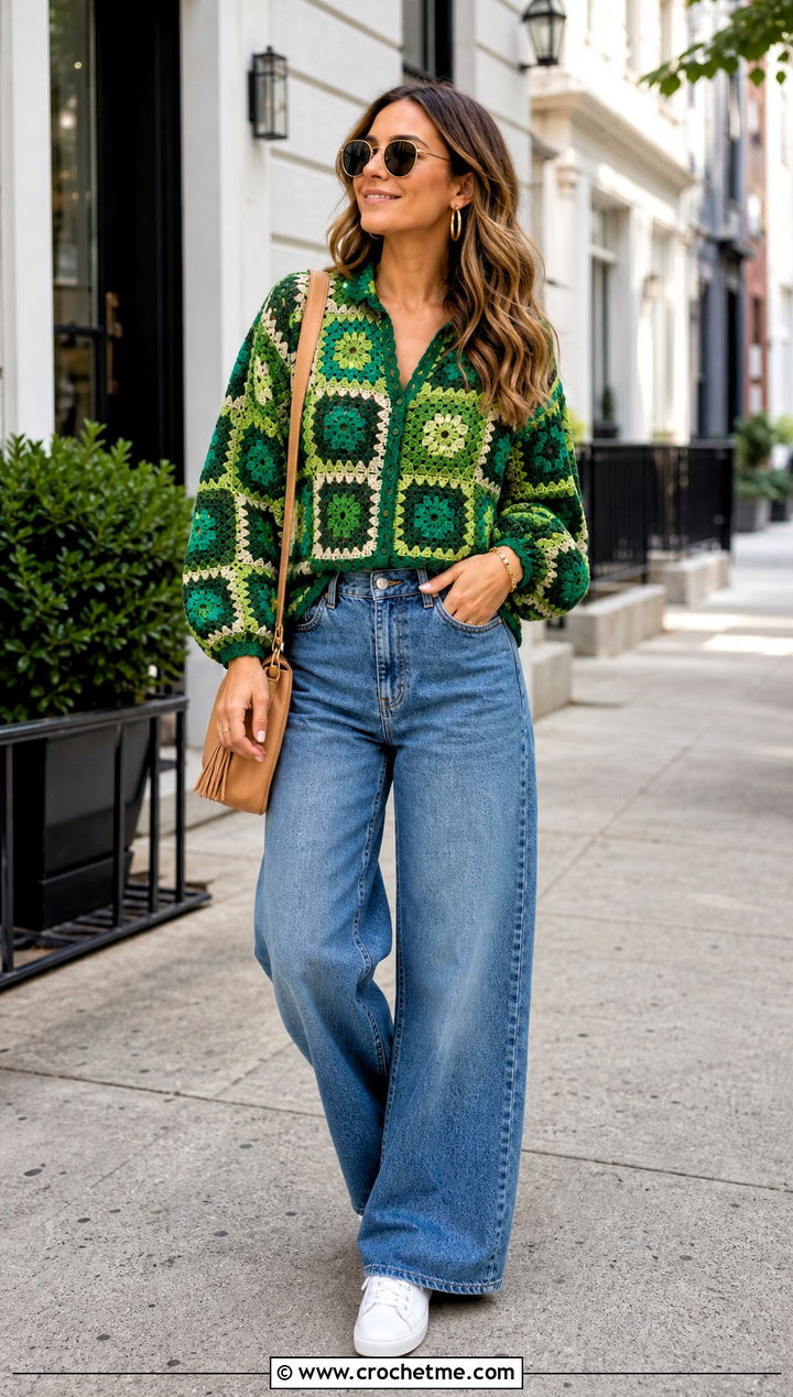 Granny Square Green Crochet Blouse With Wide Leg Jeans - 15 green crochet blouse design outfit ideas