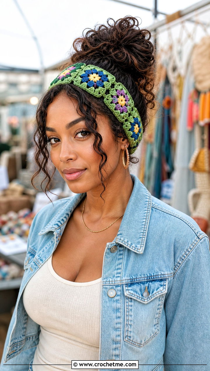 Granny Square Green Crochet Headband With Denim Jacket And Maxi Skirt - 30 green crochet headband outfit ideas