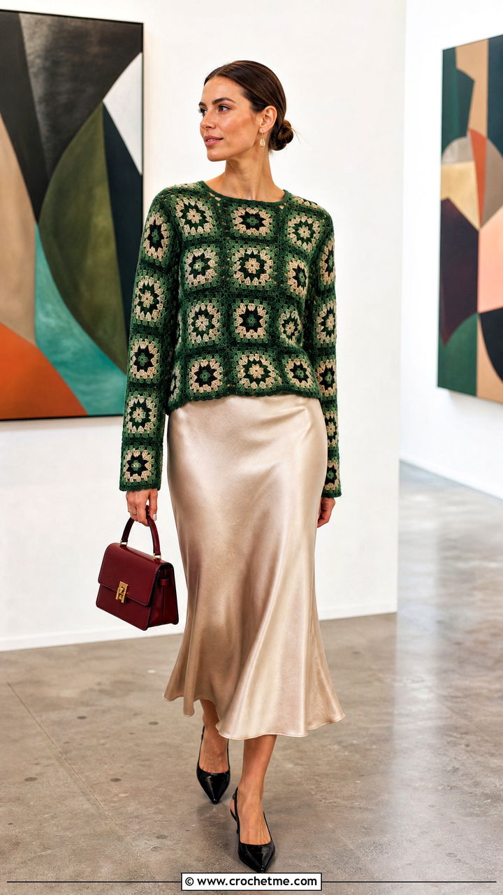 Granny Square Green Crochet Sweater With Satin Skirt - 35 green crochet sweater outfit ideas