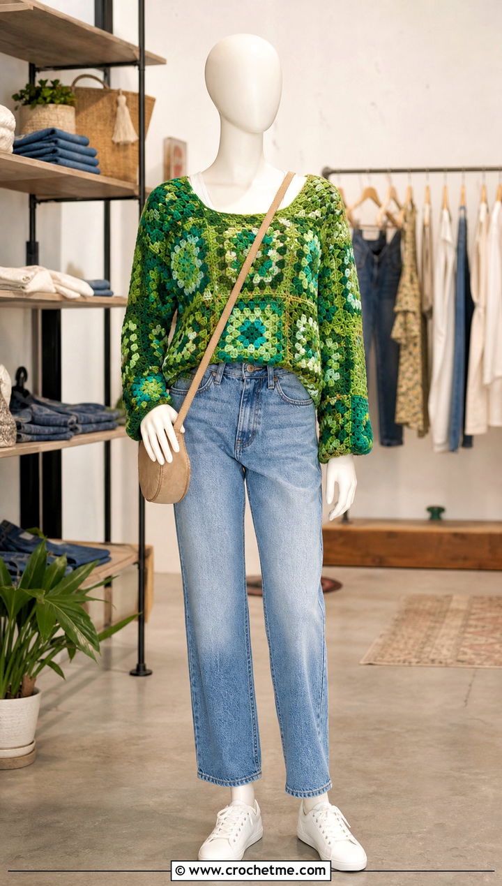 Granny Square Green Crochet Sweater With Straight Leg Jeans - 15 Green Crochet Sweater On Mannequin outfit ideas