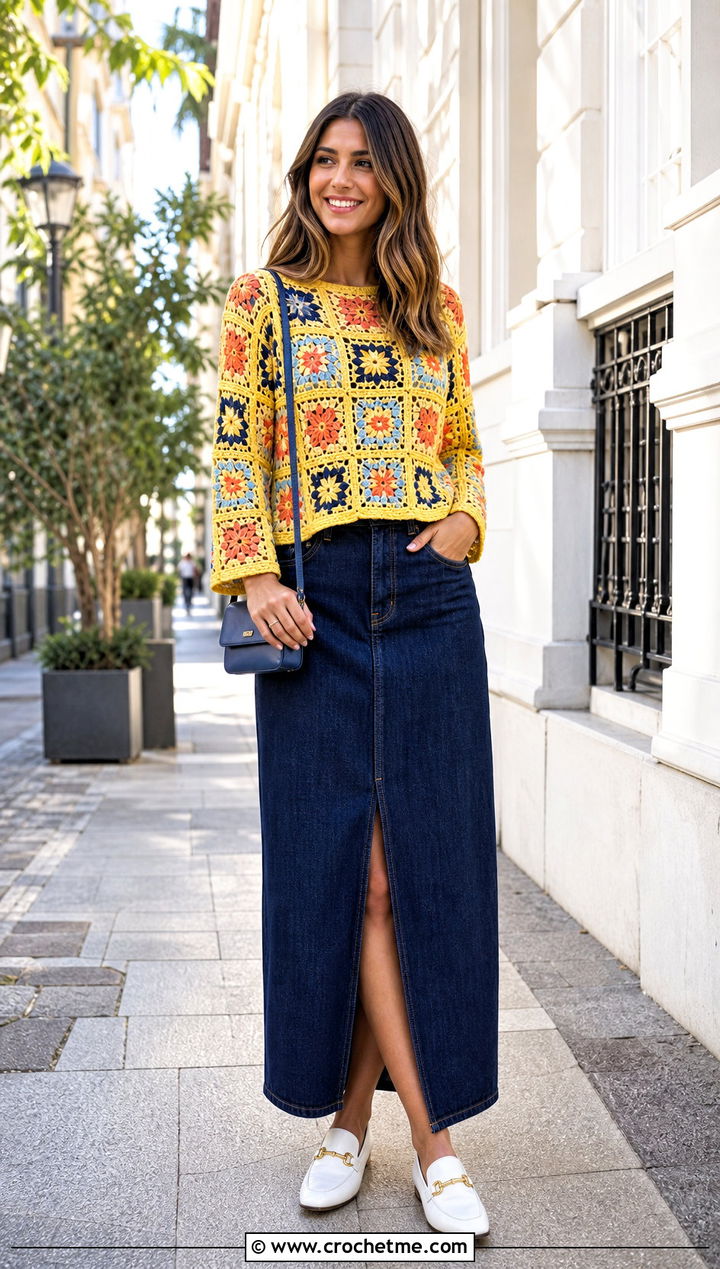 Granny Square Grid Crochet Sweater With Denim Maxi Skirt - 15 grid crochet sweater design outfit ideas