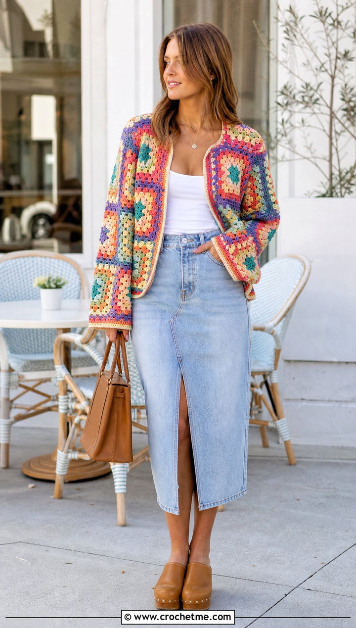Granny Square Grid Crochet Sweater With Denim Skirt - 15 Grid Crochet Sweater outfit ideas