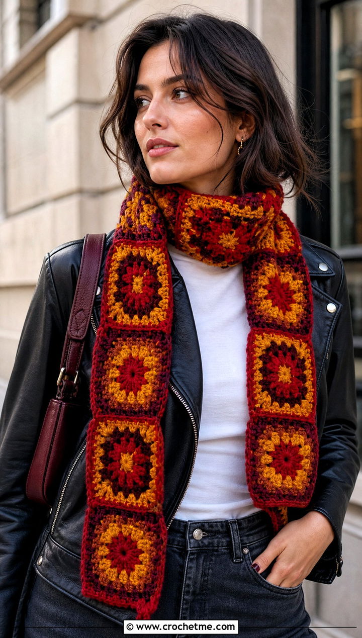 Granny Square Gryffindor Crochet Scarf With Leather Jacket - 25 gryffindor crochet scarf outfit ideas