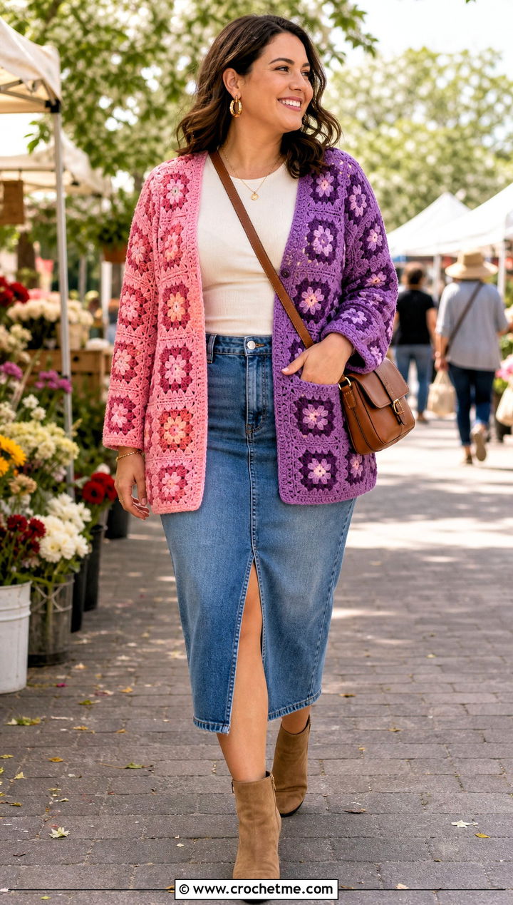 Granny Square Half And Half Crochet Cardigan With Denim Skirt - 20 Half And Half Crochet Cardigan outfit ideas