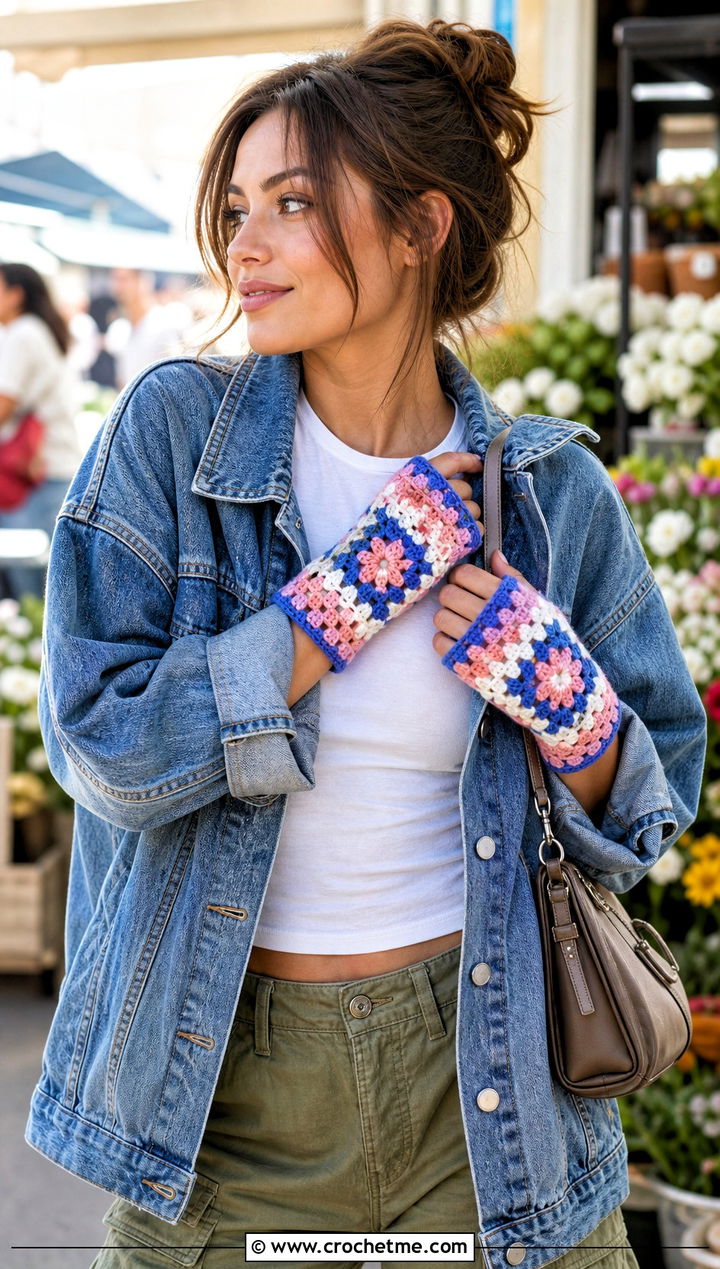 Granny Square Half Finger Gloves With Denim Jacket - 30 crochet half finger gloves outfit ideas