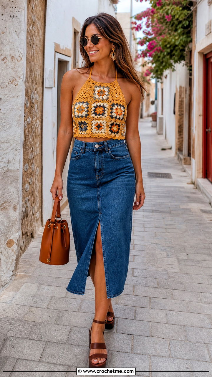 Granny Square Halter Top With Denim Midi Skirt - 35 granny square crochet clothes and outfit ideas