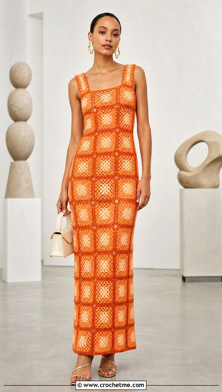 Granny Square Hand Crochet Column Wedding Dress - 15 Hand Crochet Wedding Dress outfit ideas