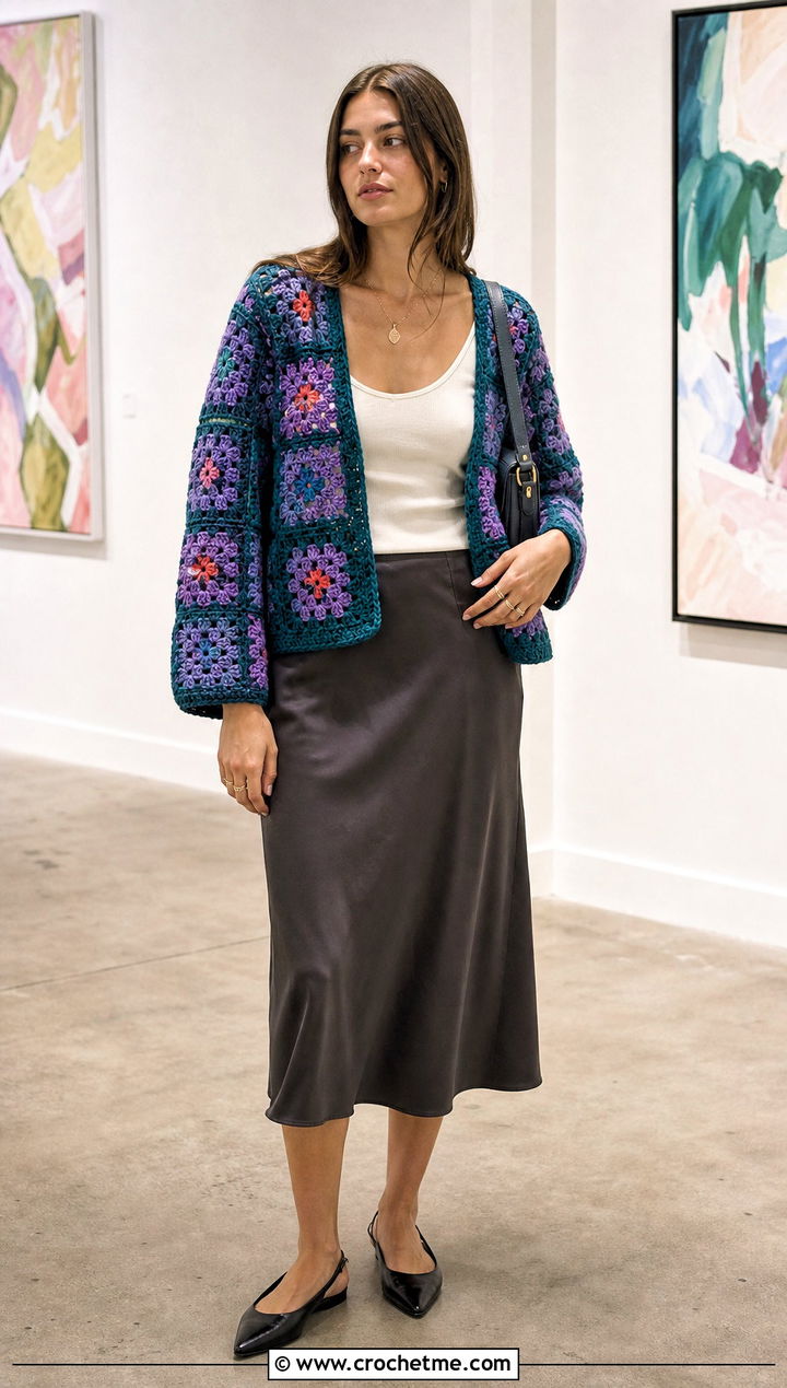 Granny Square Harry Styles Cardigan With Satin Midi Skirt - 15 Crocheting Harry Styles Cardigan outfit ideas