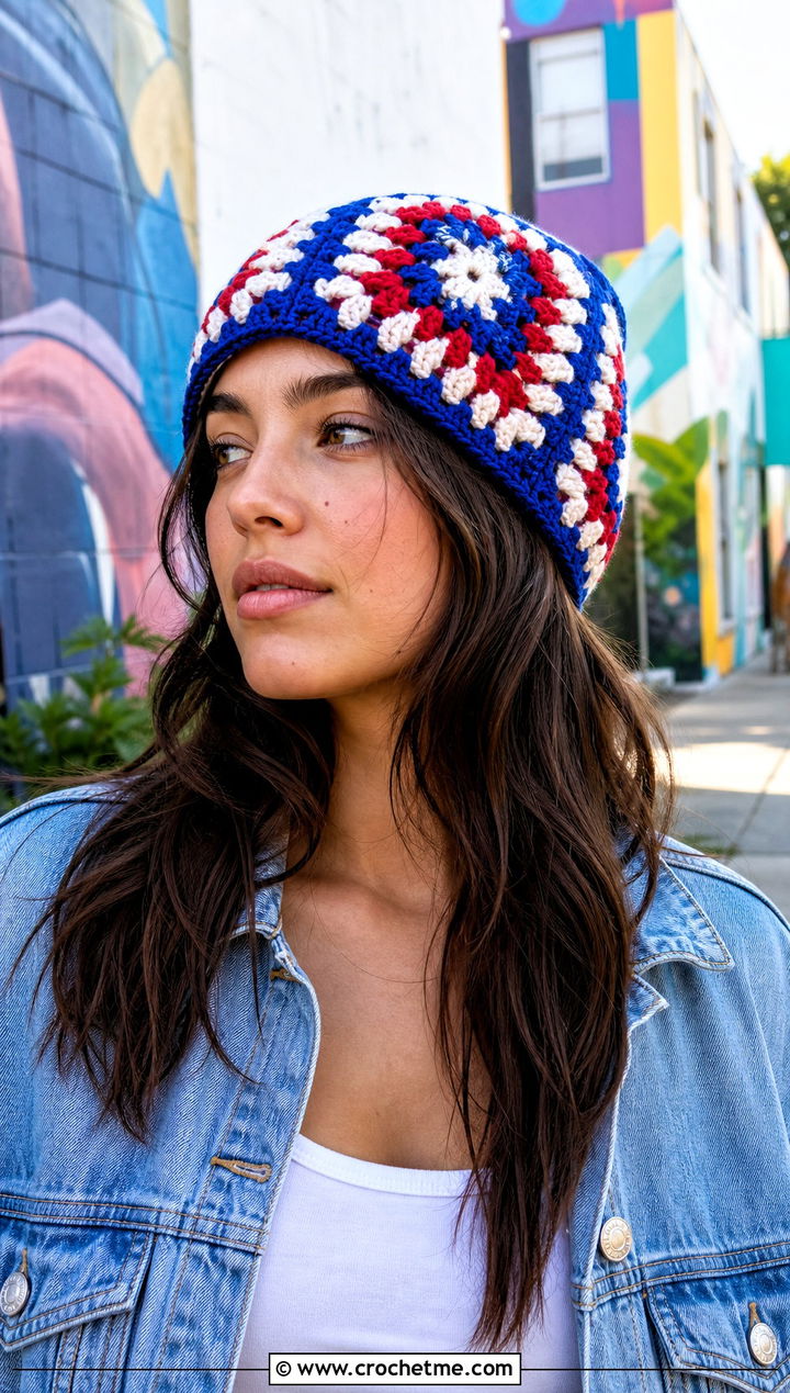 Granny Square Hat With Denim Jacket And Cargo Skirt - 30 crochet stitch hat outfit ideas