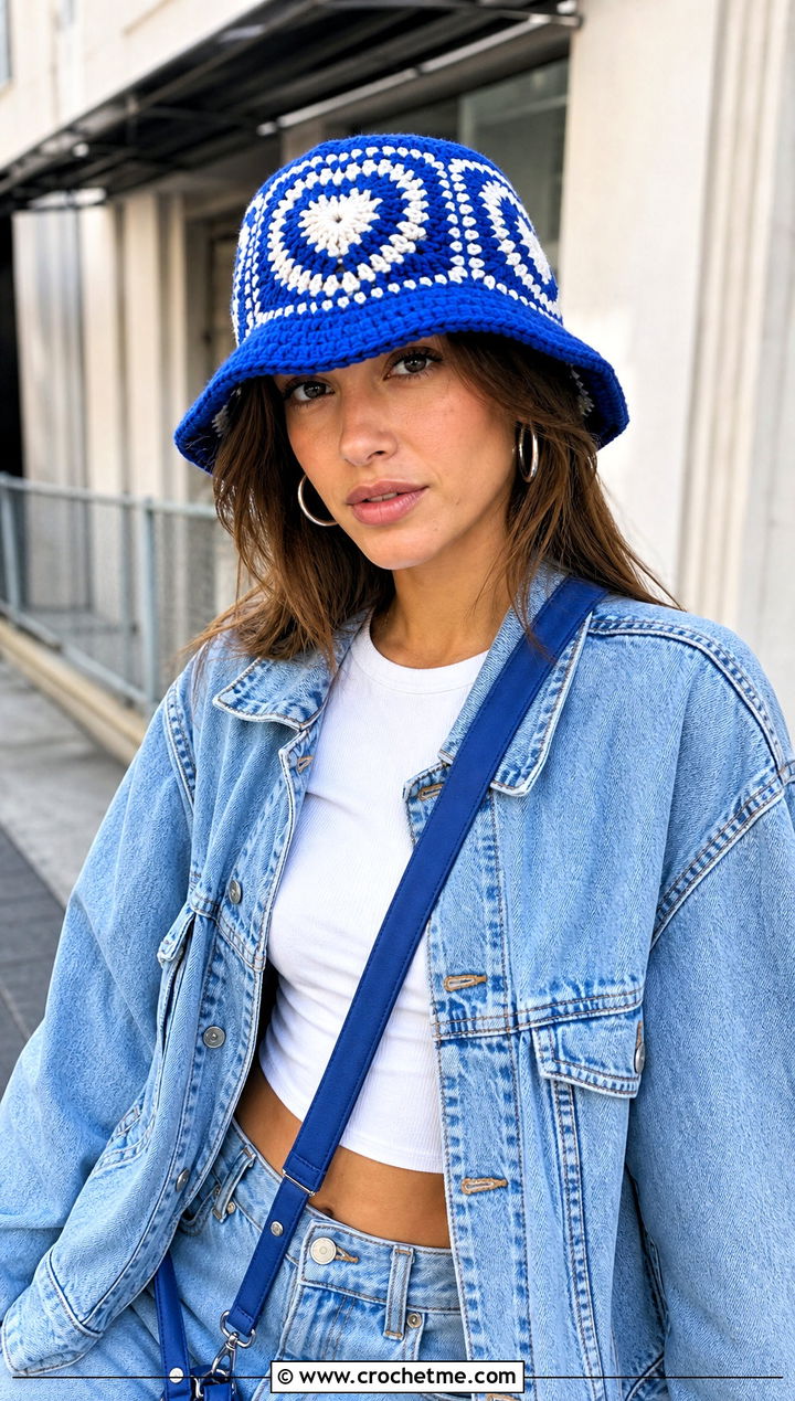 Granny Square Heart Bucket Hat With White Tee And Baggy Jeans - 25 crochet heart bucket hat outfit ideas