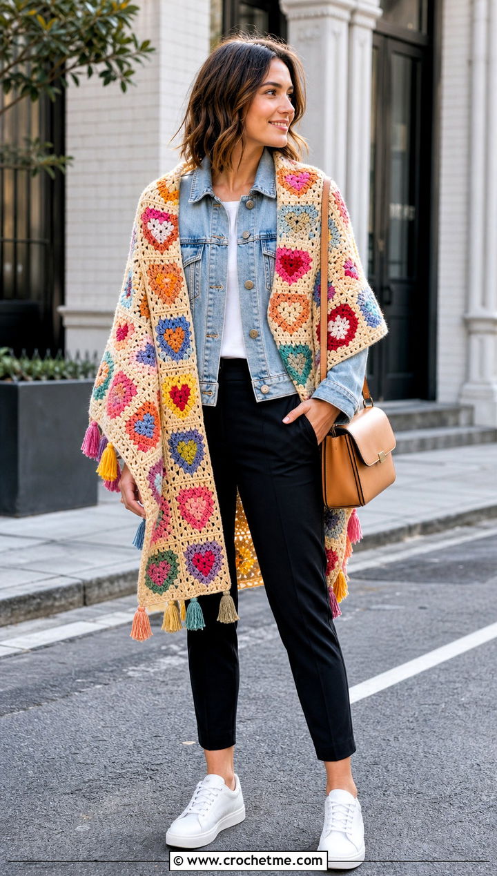 Granny Square Heart Crochet Shawl With Denim Jacket - 25 Heart Crochet Shawl outfit ideas