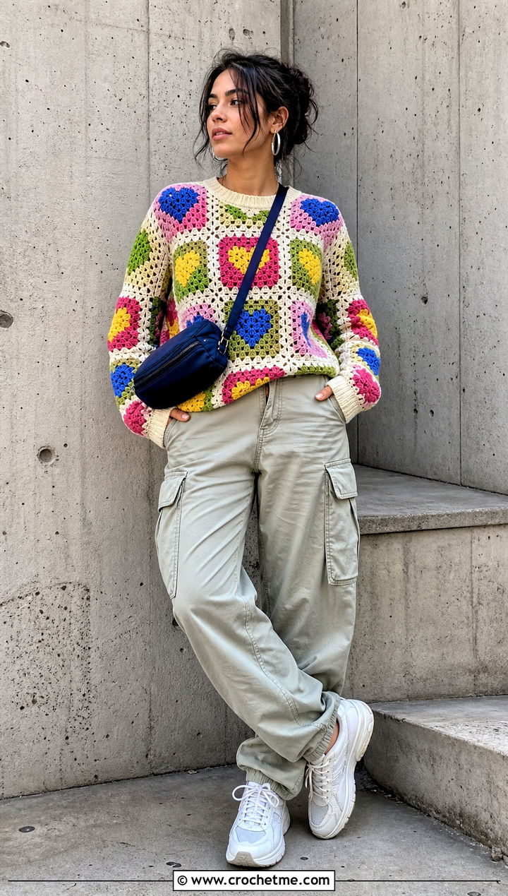 Granny Square Heart Jumper With Cargo Pants - 30 crochet heart jumper outfit ideas