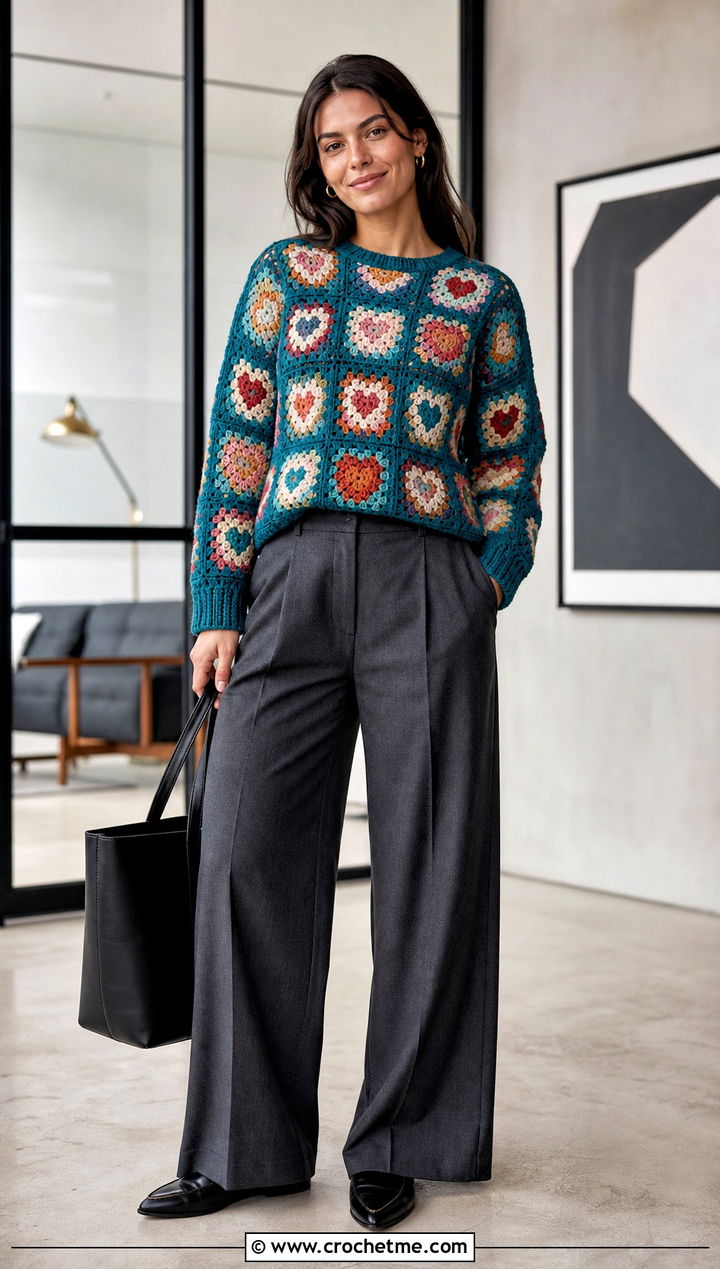 Granny Square Heart Sweater With Tailored Trousers - 35 crochet heart sweater outfit ideas
