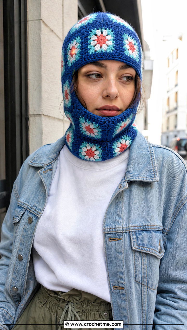 Granny Square Helmet Balaclava With Denim Jacket - 25 crochet helmet balaclava outfit ideas