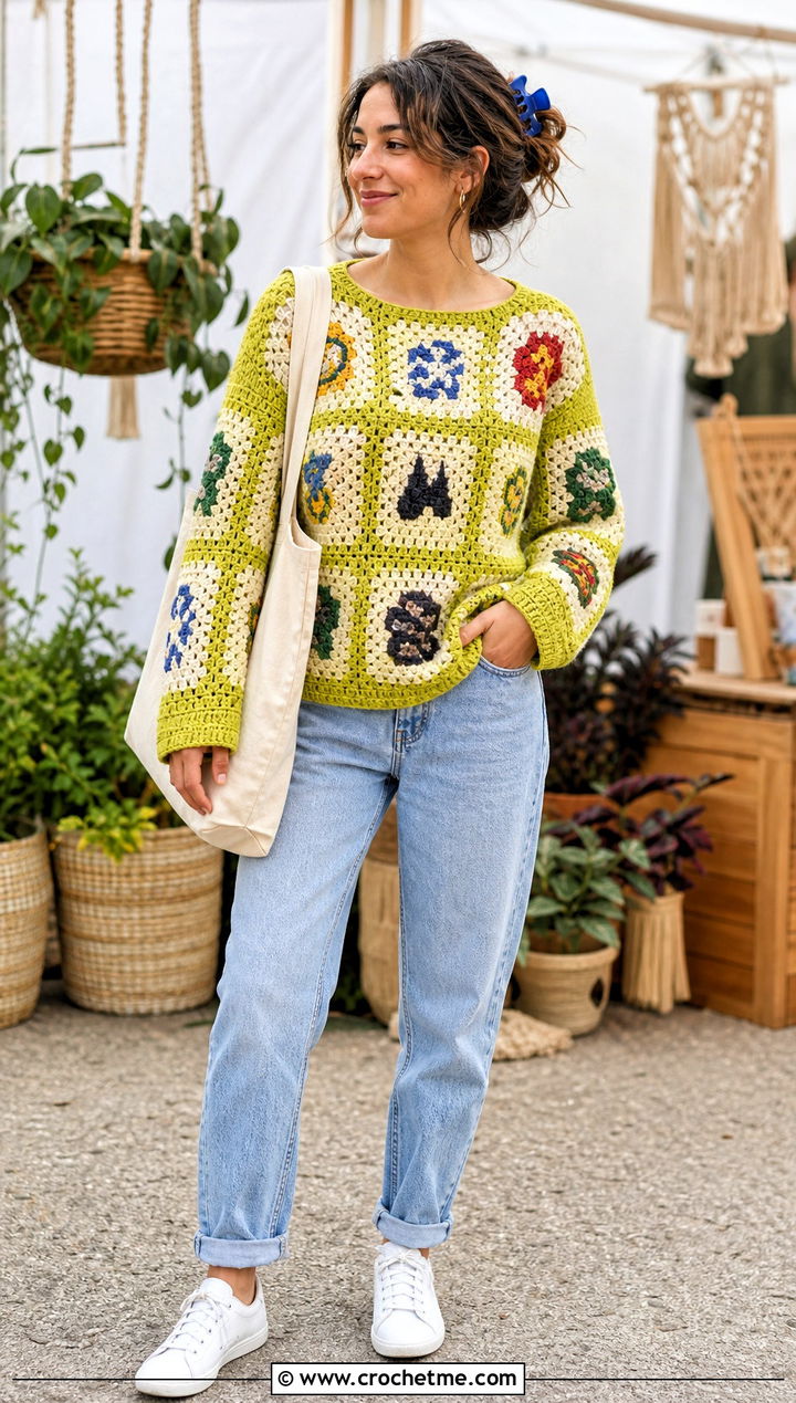 Granny Square Hogwarts Crochet Sweater With Mom Jeans - 35 crochet harry potter sweater outfit ideas