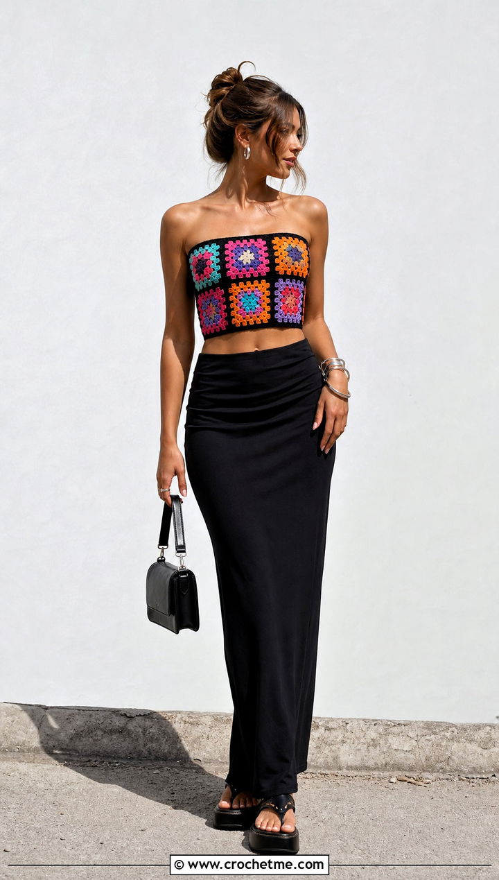 Granny Square Hollister Crochet Tube Top With Black Maxi Skirt - 30 Hollister Crochet Tube Top outfit ideas