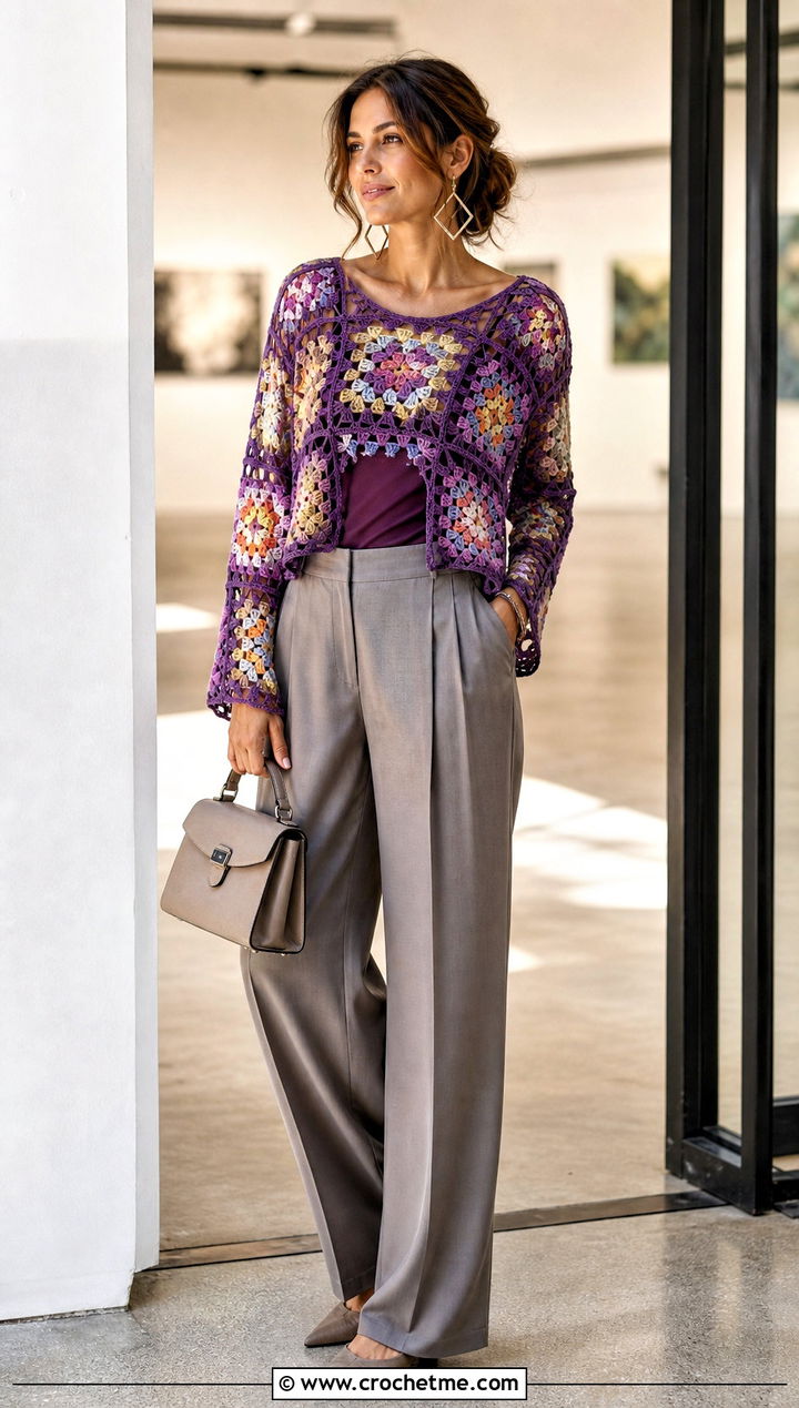 Granny Square Hollow Out Crochet Sweater With Tailored Trousers - 25 Hollow Out Crochet Sweater outfit ideas