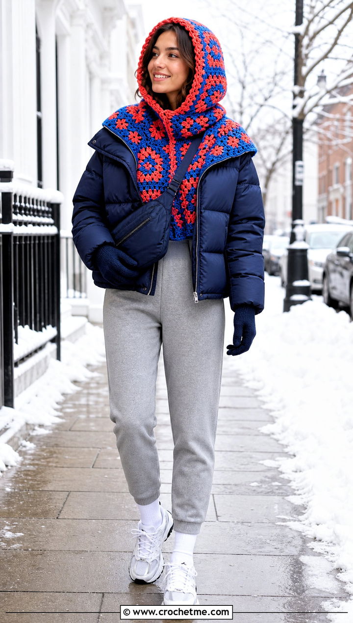 Granny Square Hood With Puffer Jacket And Joggers - 35 granny square clothing and outfit ideas