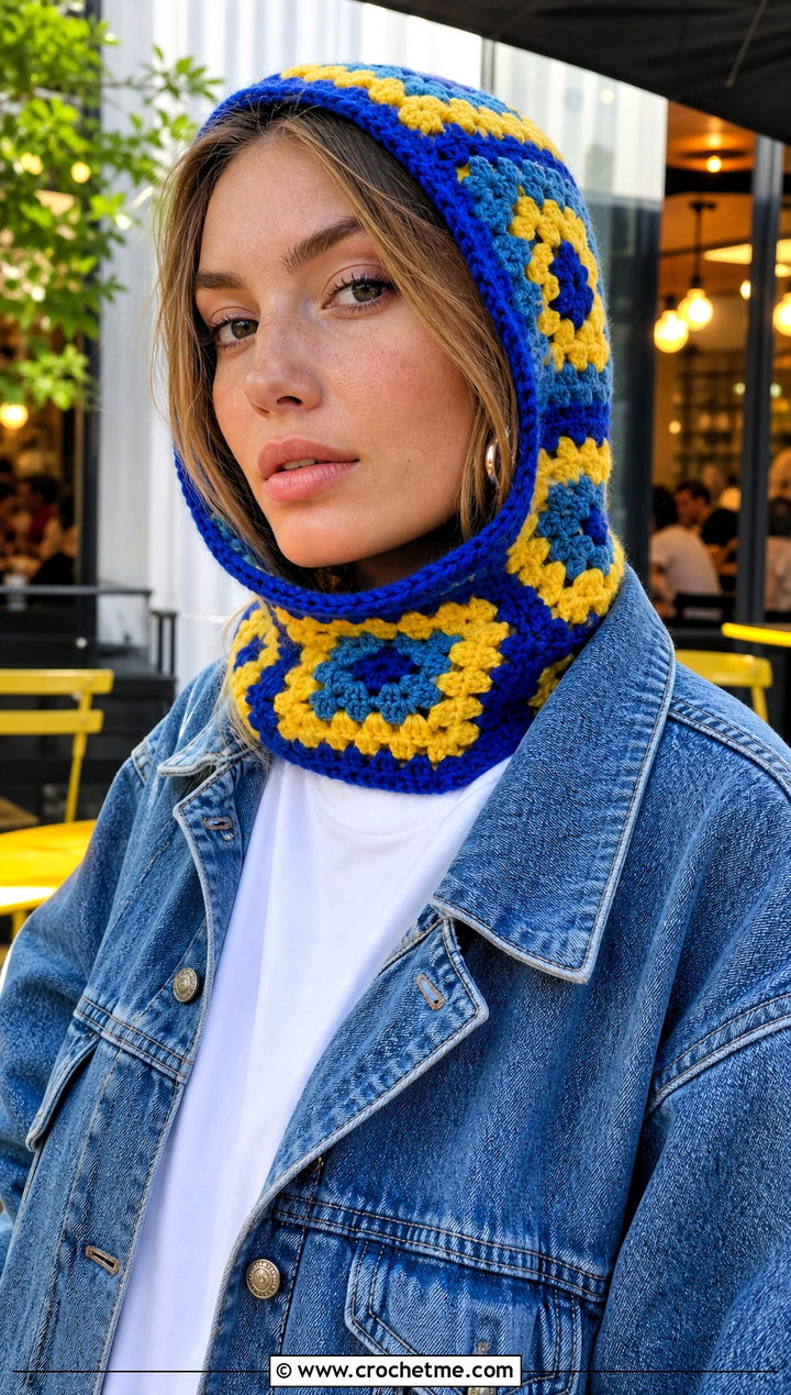 Granny Square Hooded Balaclava With Denim Jacket - 30 hooded crochet balaclava outfit ideas
