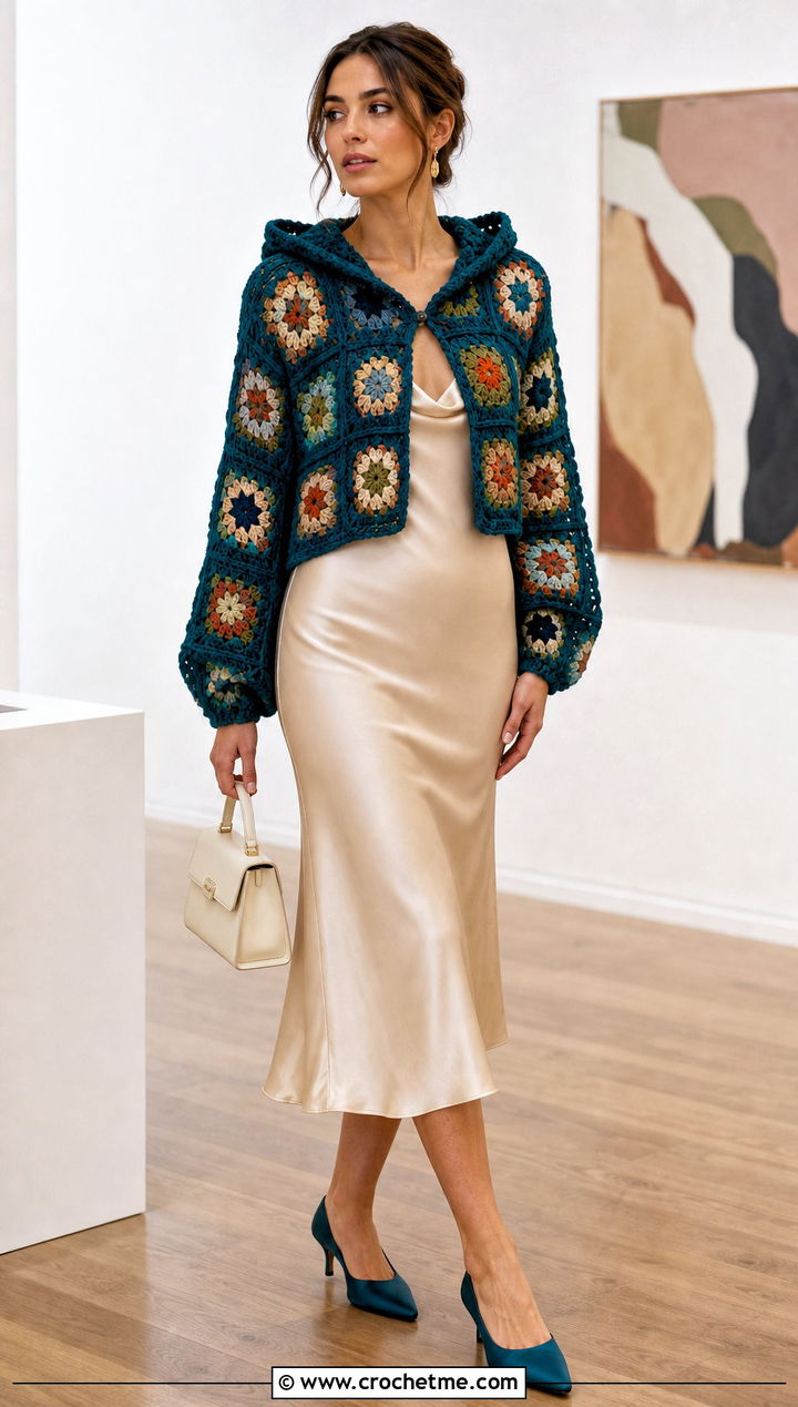 Granny Square Hooded Crochet Bolero With Slip Dress - 25 hooded crochet bolero outfit ideas