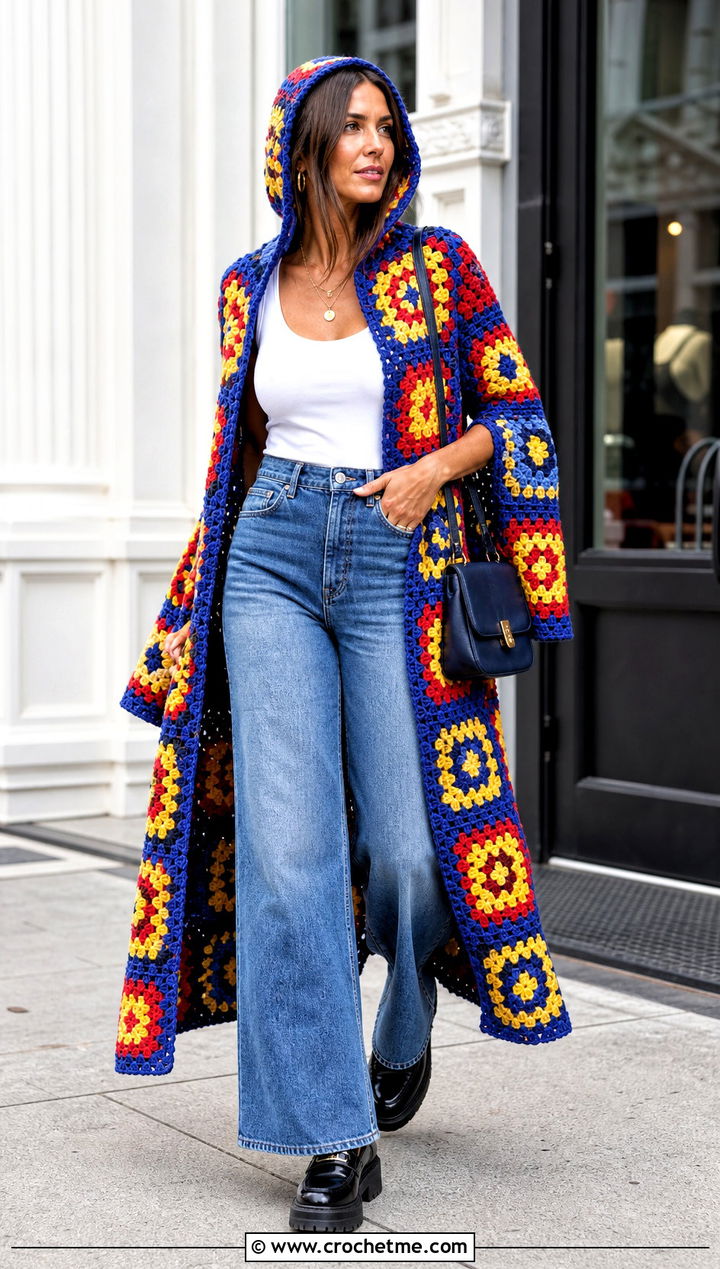 Granny Square Hooded Crochet Cape With Wide Leg Jeans - 25 Hooded Crochet Cape outfit ideas